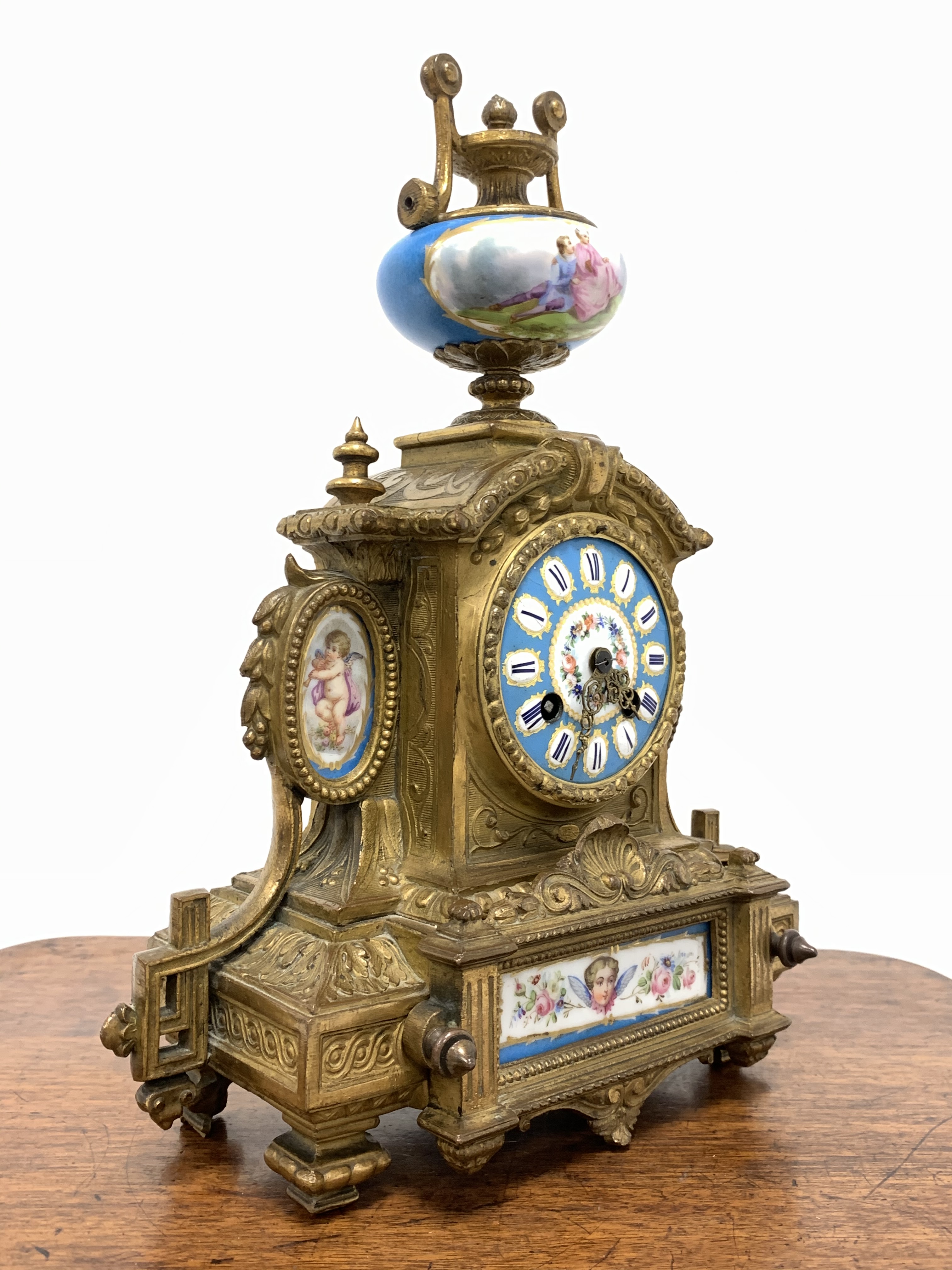 19th century French brass mantel clock with Severus porcelain panels, surmounted by urn finial, eigh - Image 2 of 4