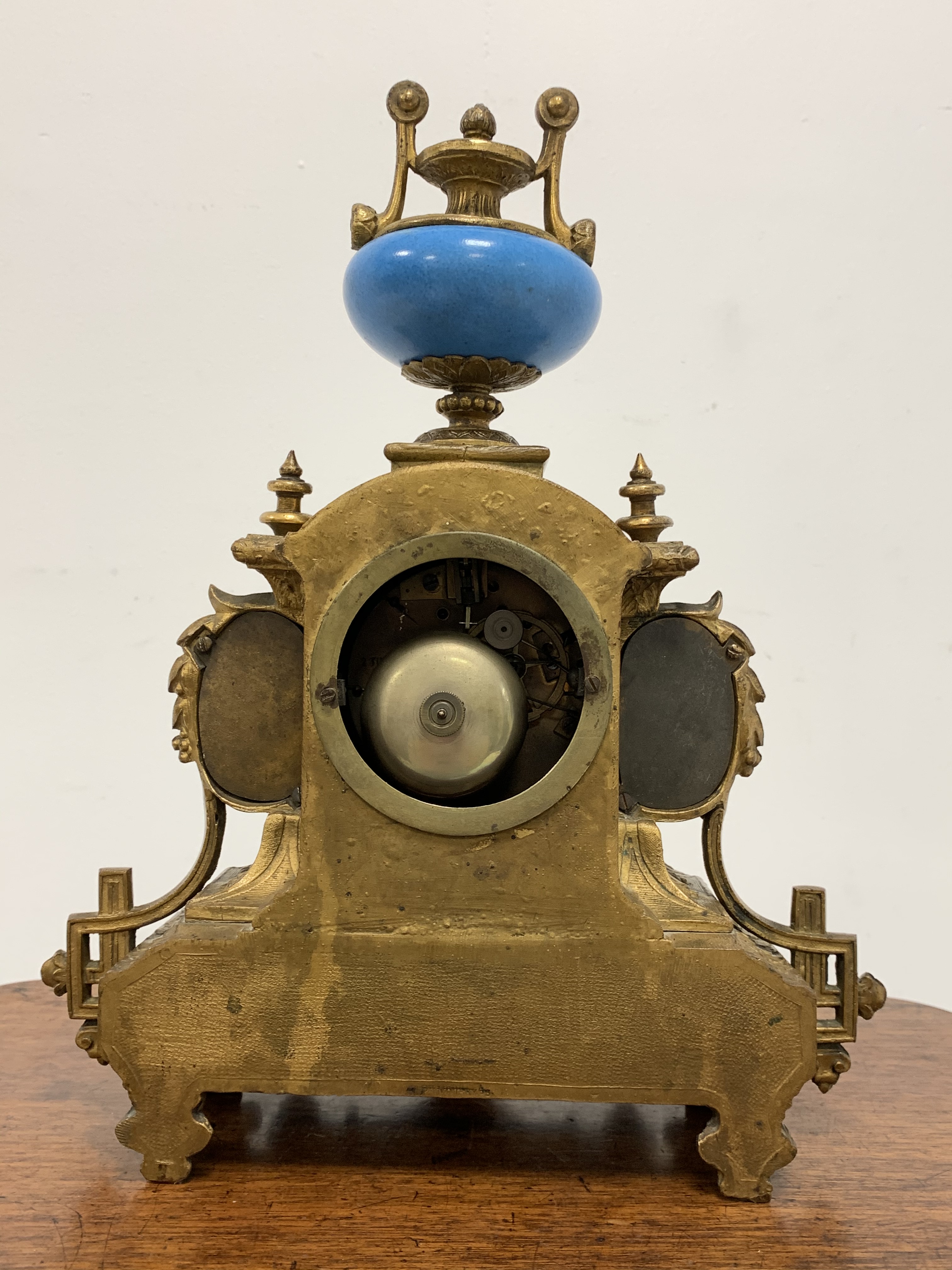 19th century French brass mantel clock with Severus porcelain panels, surmounted by urn finial, eigh - Image 3 of 4