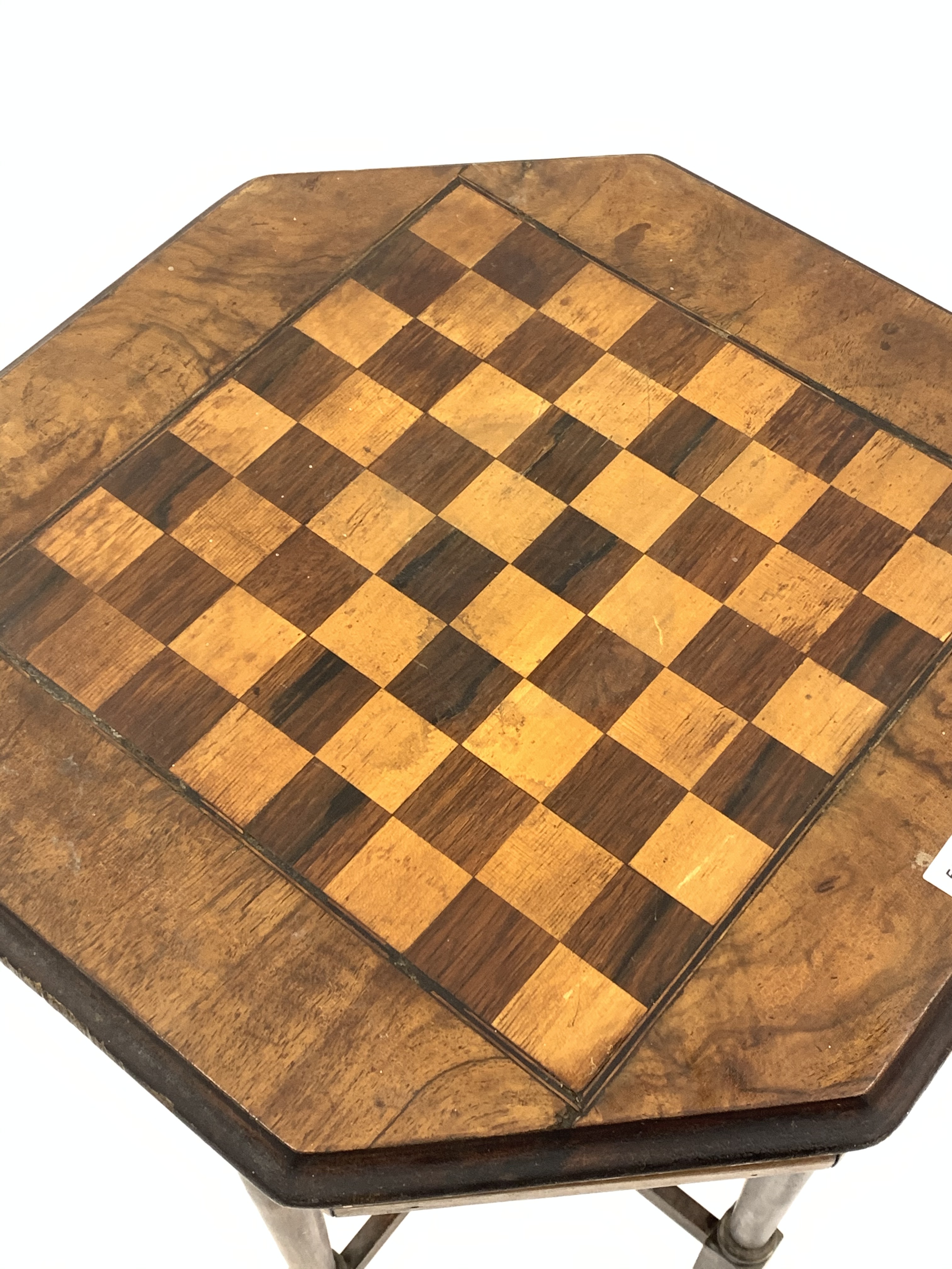 Victorian walnut games table, the octagonal top inlaid with rosewood and boxwood games - Image 2 of 3