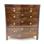 Early 19th century figured mahogany bow front Trafalgar chest of three long and two short drawers, w