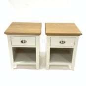 Pair of contemporary oak and cream finish bedside tables, each fitted with drawer and open shelf, W4