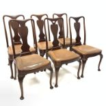 Set six queen Anne style mahogany dining chairs, with trophy shaped splats, drop in upholstered seat