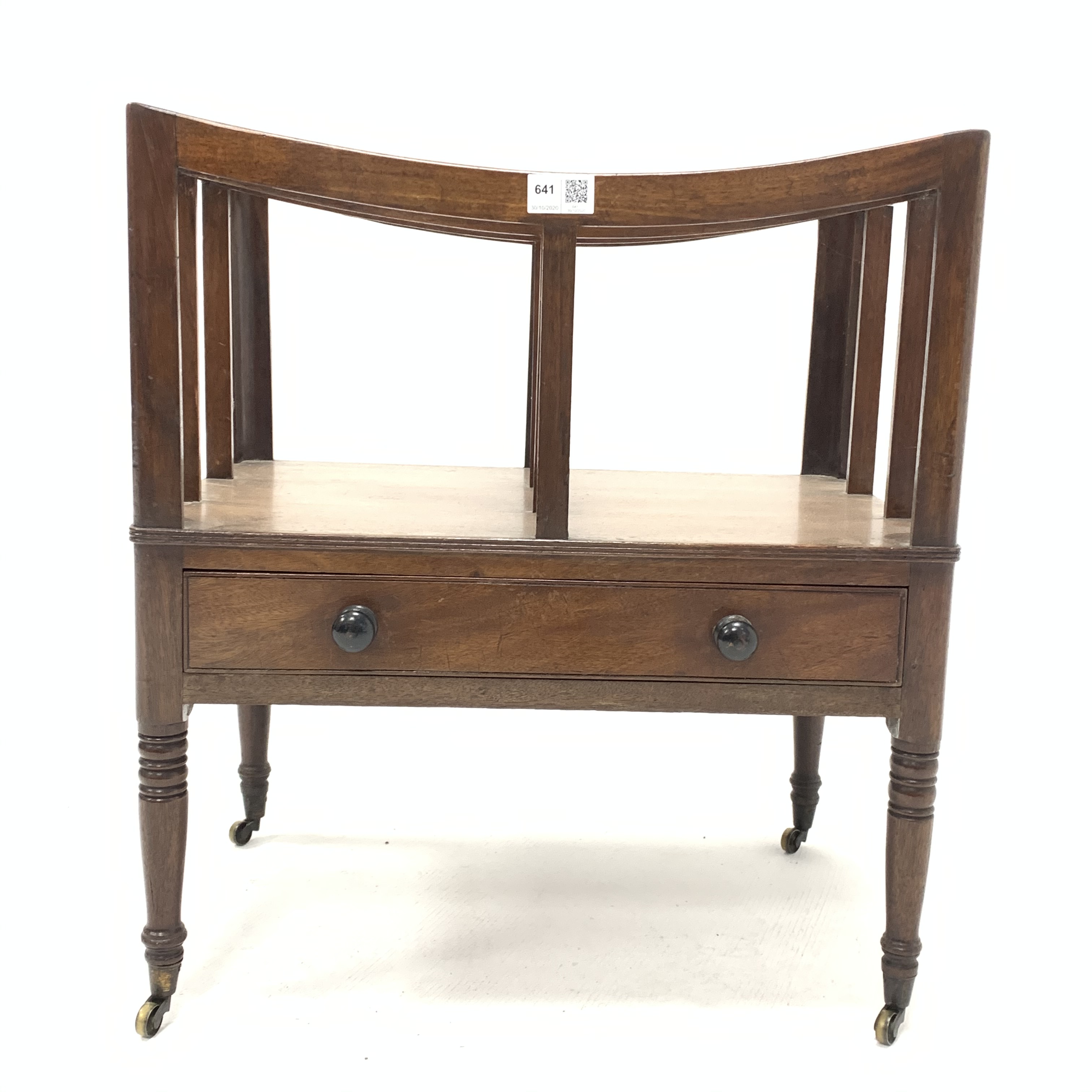 George III mahogany Canterbury with four divisions and single drawer, on turned supports with brass - Image 4 of 4