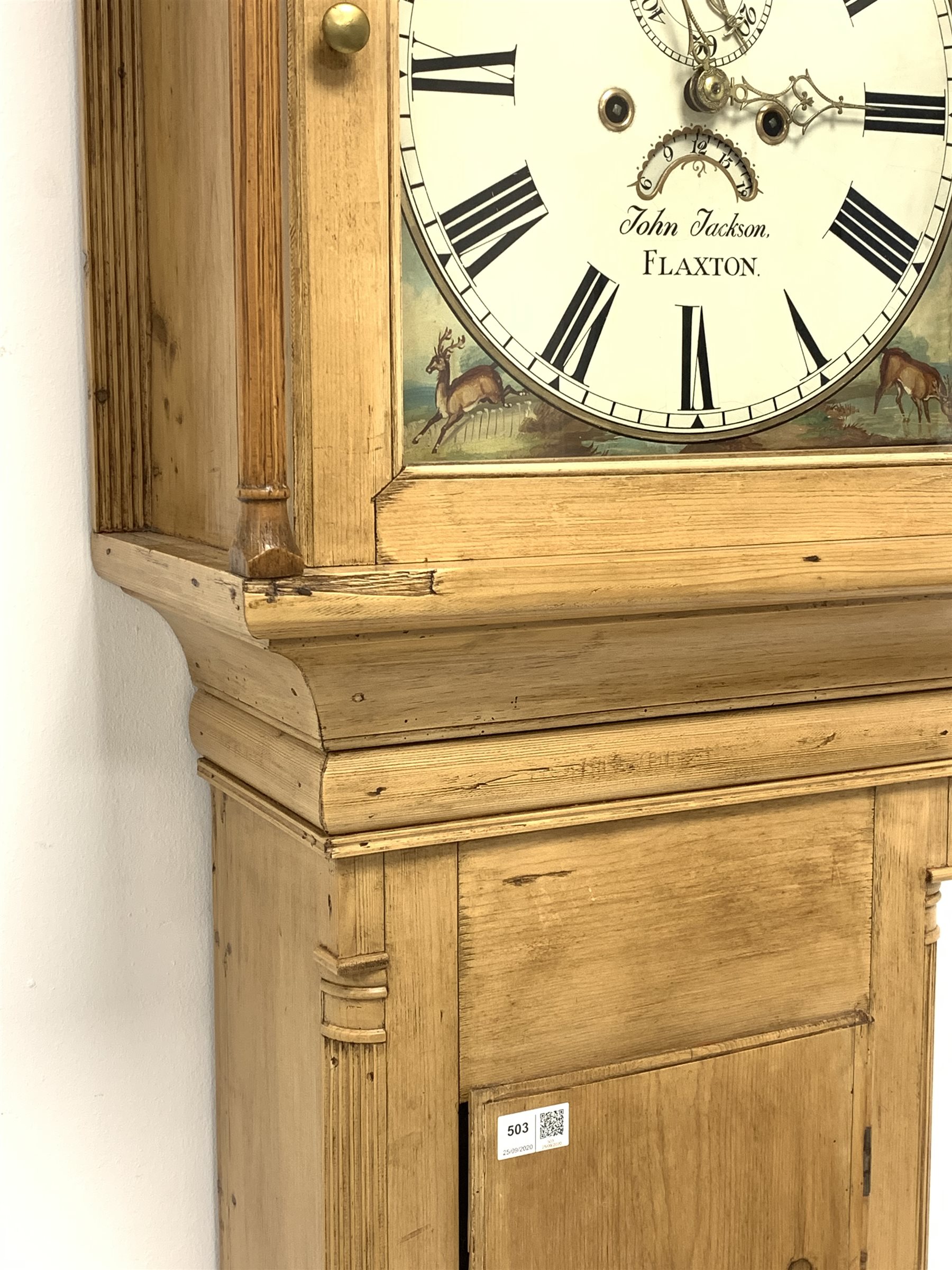 19th century pine longcase clock, enamel Roman dial painted with hunting scenes, signed 'John Jackso - Image 2 of 5