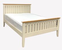 Contemporary oak and cream finish 4'6" double bed and mattress, 204cm x 151cm