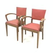 Pair of 1930s French Art Deco open armchairs, with back and seat upholstered in red faux leather, be