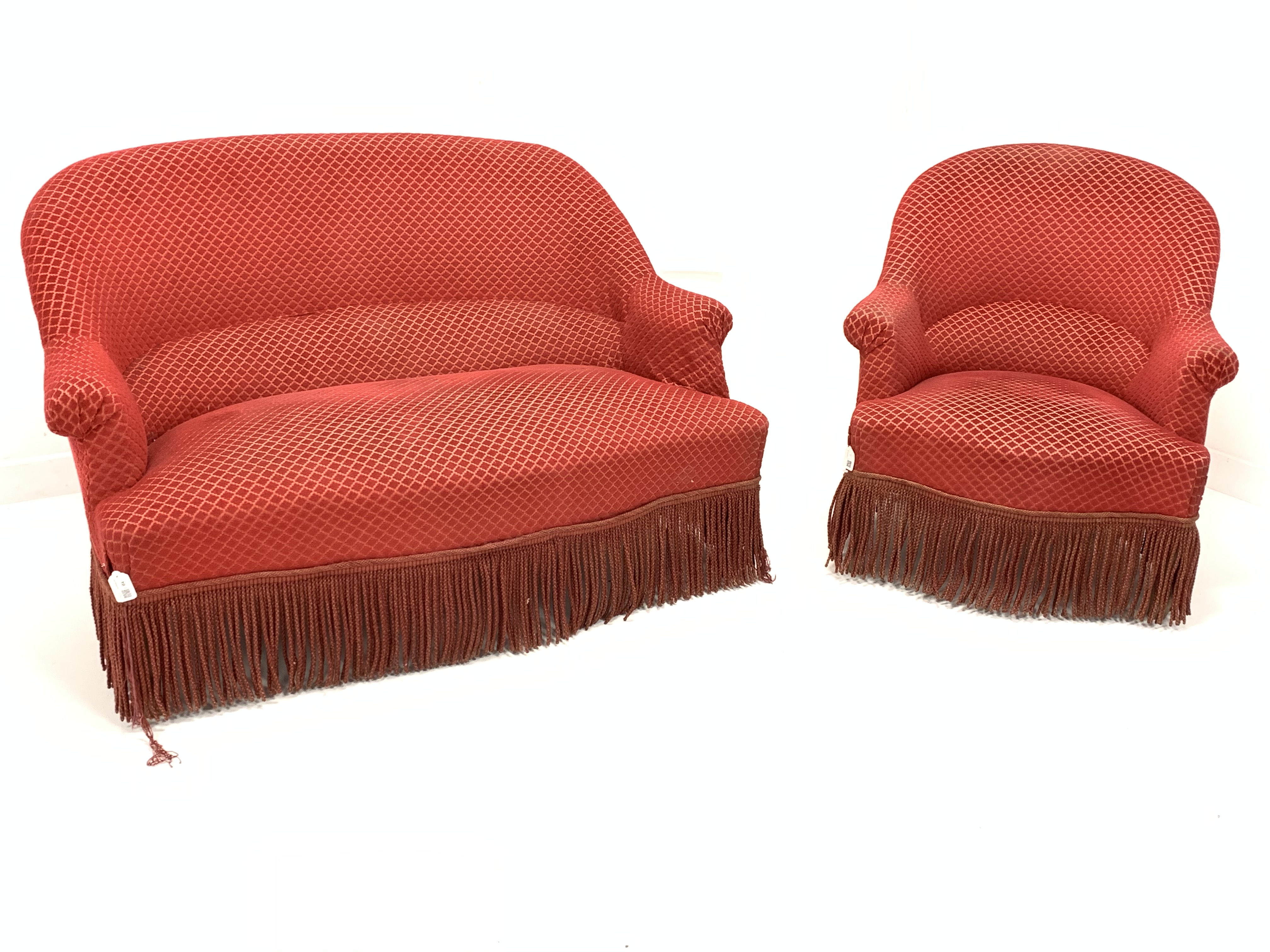 20th century French style upholstered two seat sofa (W123cm) together with a matching armchair (W72c