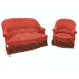 20th century French style upholstered two seat sofa (W123cm) together with a matching armchair (W72c