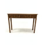 20th century walnut side table, well figured cross banded top with herringbone inlay over five drawe