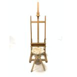 Pine artists adjustable easel, (H172cm, W56cm) together with a pine circular rise and fall stool, (D