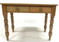 Victorian pine kitchen side table, with drop leaf to reverse, two frieze drawers, raised on turned s