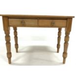 Victorian pine kitchen side table, with drop leaf to reverse, two frieze drawers, raised on turned s