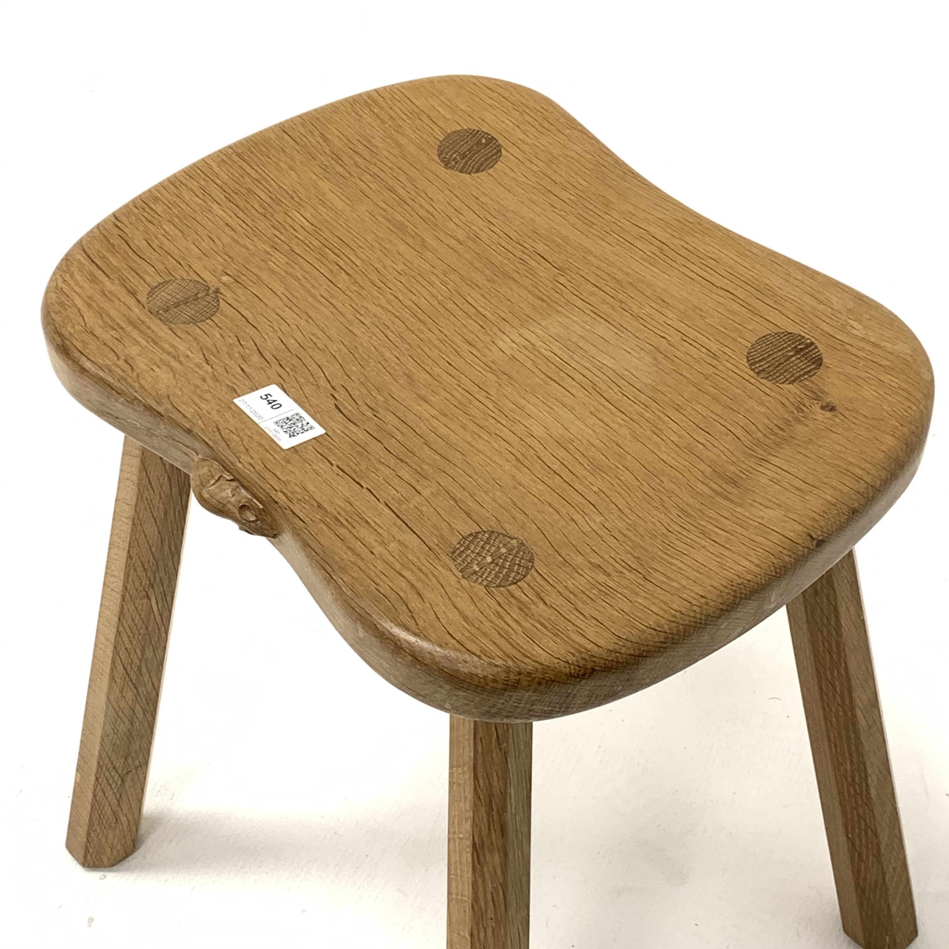 'Mouseman' Yorkshire oak four leg stool, with adzed saddle seat raised on octagonal tapered supports - Image 3 of 4