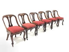 Set six Victorian mahogany dining chairs, pierced splats, drop in upholstered seat pads, raised on s
