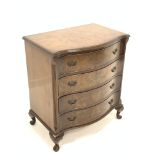 20th century burr walnut serpentine fronted chest, fitted with four drawers, enclosed by canted and