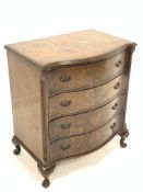 20th century burr walnut serpentine fronted chest, fitted with four drawers, enclosed by canted and