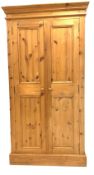 Pine double wardrobe/cupboard, two panelled doors enclosing interior fitted for hanging, W101cm, H19
