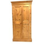 Pine double wardrobe/cupboard, two panelled doors enclosing interior fitted for hanging, W101cm, H19