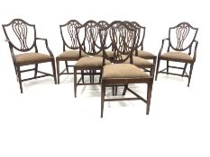 Set eight (6+2) 19th century mahogany Hepplewhite style shield back dining chairs, with pierced spla