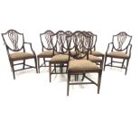 Set eight (6+2) 19th century mahogany Hepplewhite style shield back dining chairs, with pierced spla