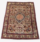 Persian Meimeh ground carpet, floral medallion on busy brown field, enclosed by double guarded borde