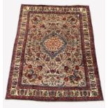 Persian Meimeh ground carpet, floral medallion on busy brown field, enclosed by double guarded borde