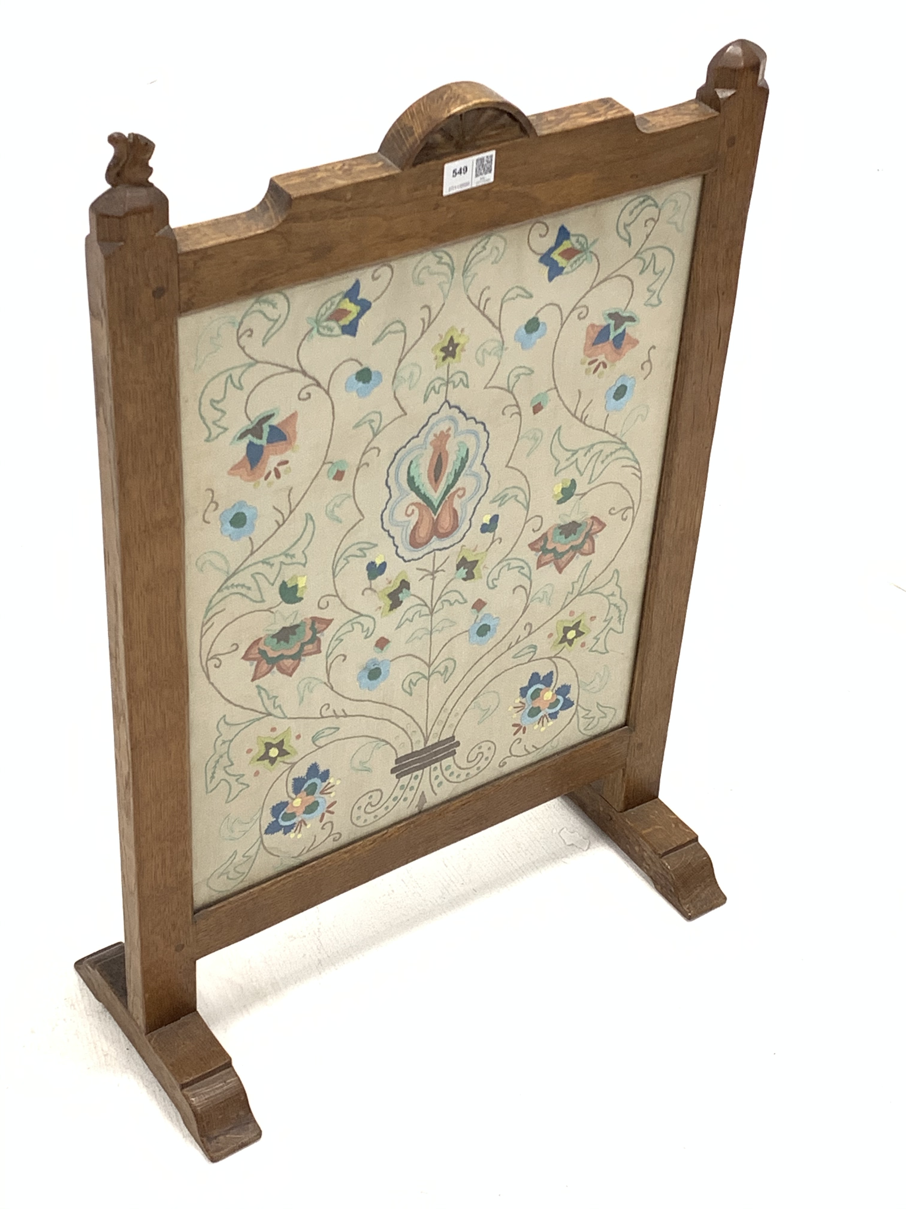 'Squirrelman' Yorkshire oak fire screen, adzed frame enclosing glazed needlework panel, raised on ar - Image 2 of 3