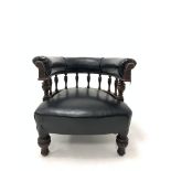 Late 19th century tub shaped library chair, leather upholstered back raised on turned spindle galle