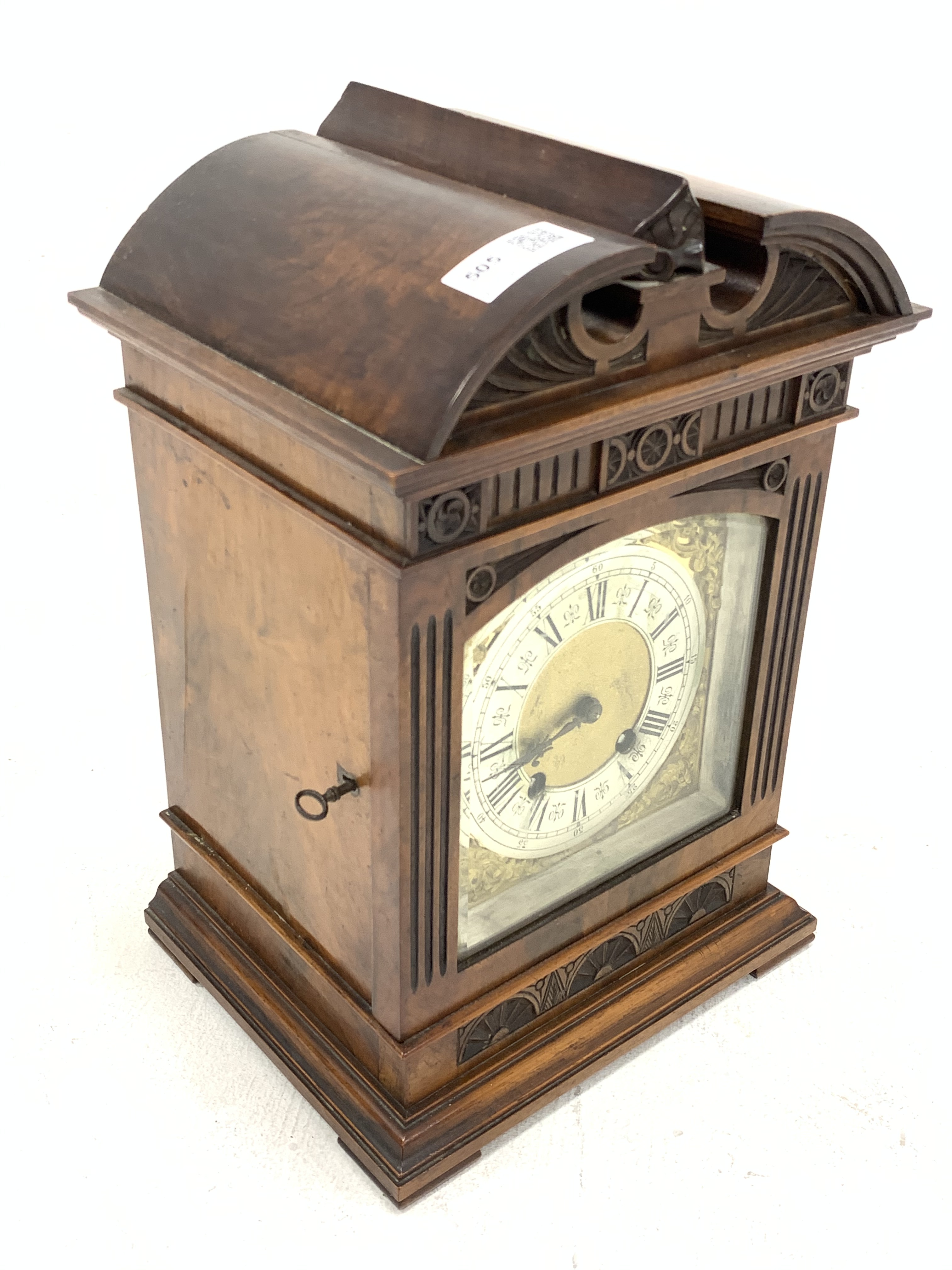 Late 19th century mantle clock in architectural walnut case, arched pediment with central leaf carve - Image 2 of 3