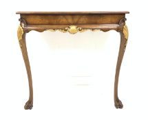 18th century design figured mahogany console table, with gilt shell motif, raised on scroll carved c