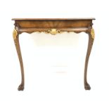 18th century design figured mahogany console table, with gilt shell motif, raised on scroll carved c