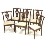Set six early 20th century oak Chippendale style dining chairs, shaped cresting rail carved with scr