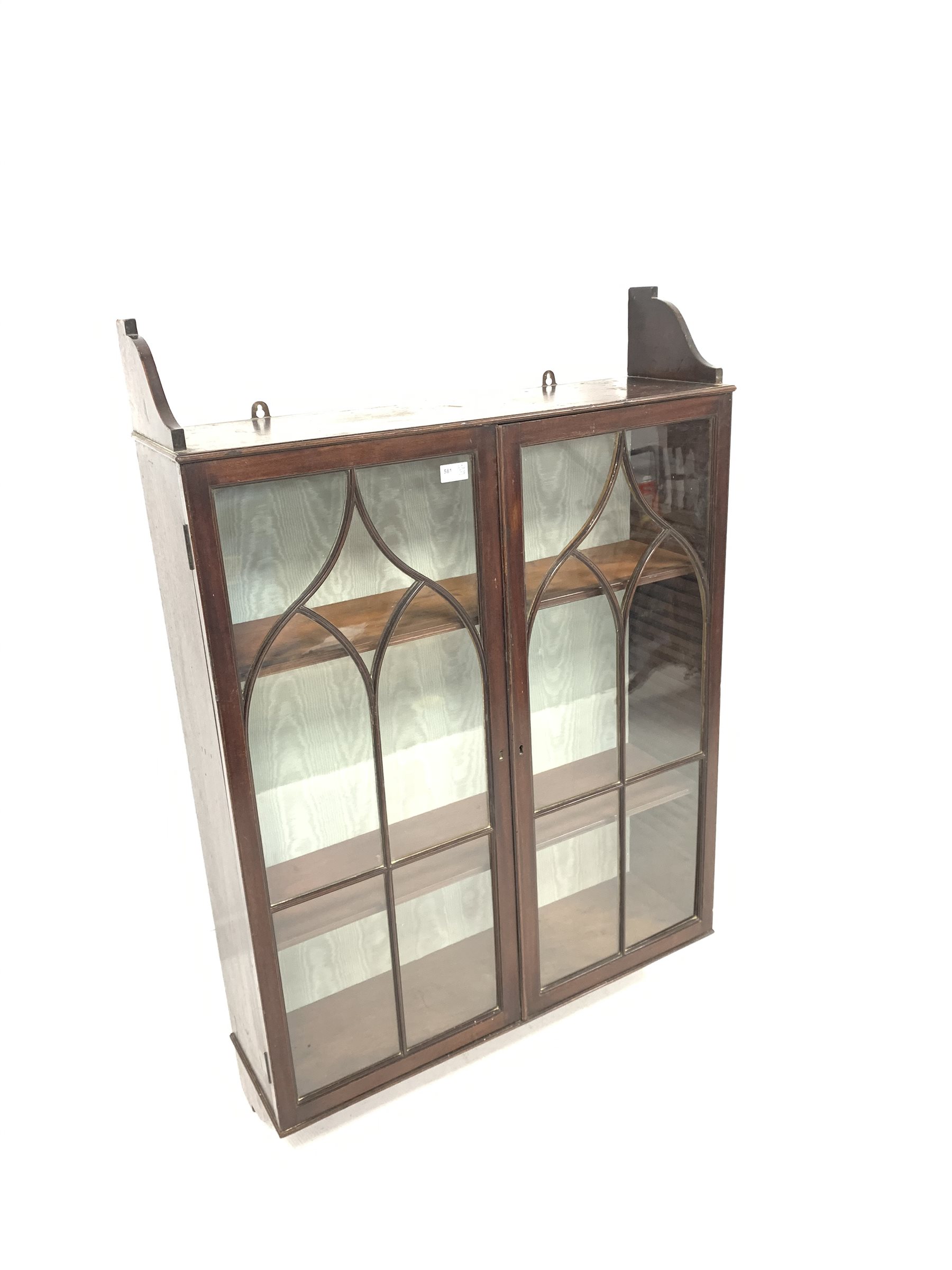 19th century mahogany wall hanging display cabinet, with Gothic arched tracery glazed doors enclosin - Image 2 of 3