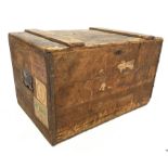 Late 19th century pine travelling trunk, with hinged lid revealing plain interior, wrought and cast
