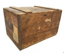 Late 19th century pine travelling trunk, with hinged lid revealing plain interior, wrought and cast