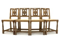 Set four 'Squirrelman' Yorkshire oak dining chairs, Yorkshire rose carved back panel over leather up