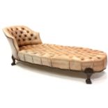 Georgian style chaise longue, with tub shaped raised back rest, upholstered in deep buttoned and stu