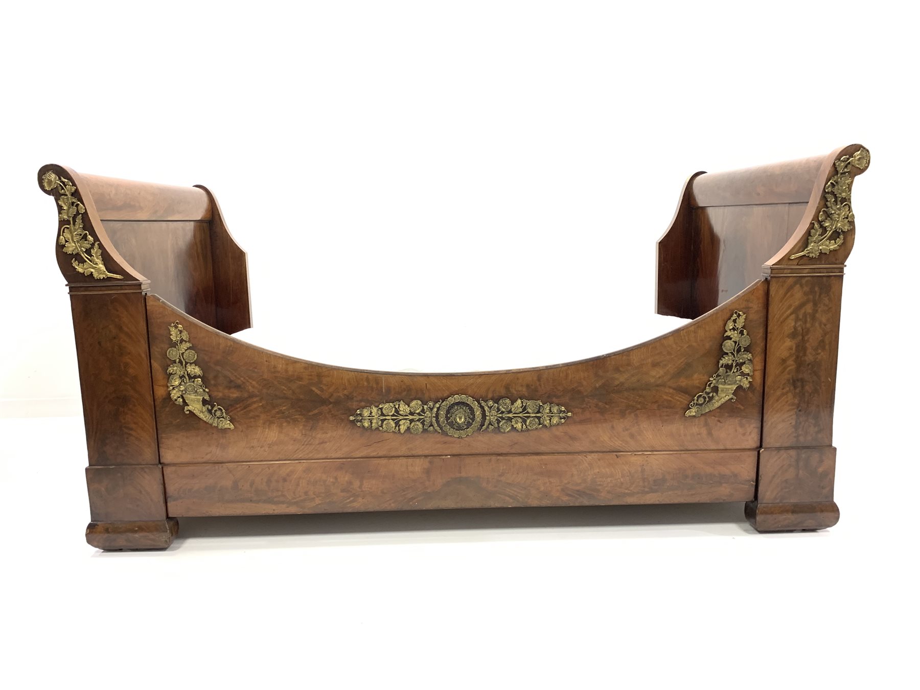 19th century mahogany French Empire design single 3' sleigh bed, with box base, embellished with gil