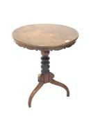 Victorian mahogany pedestal table, with circular over shaped apron, raised on turned column and inve