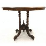 Victorian walnut small centre table, the burr top with boxwood and ebonised inlay over four turned c