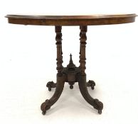 Victorian walnut small centre table, the burr top with boxwood and ebonised inlay over four turned c