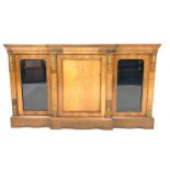 Victorian walnut and satinwood break front credenza, with ormolu floral boxwood inlay to frieze over