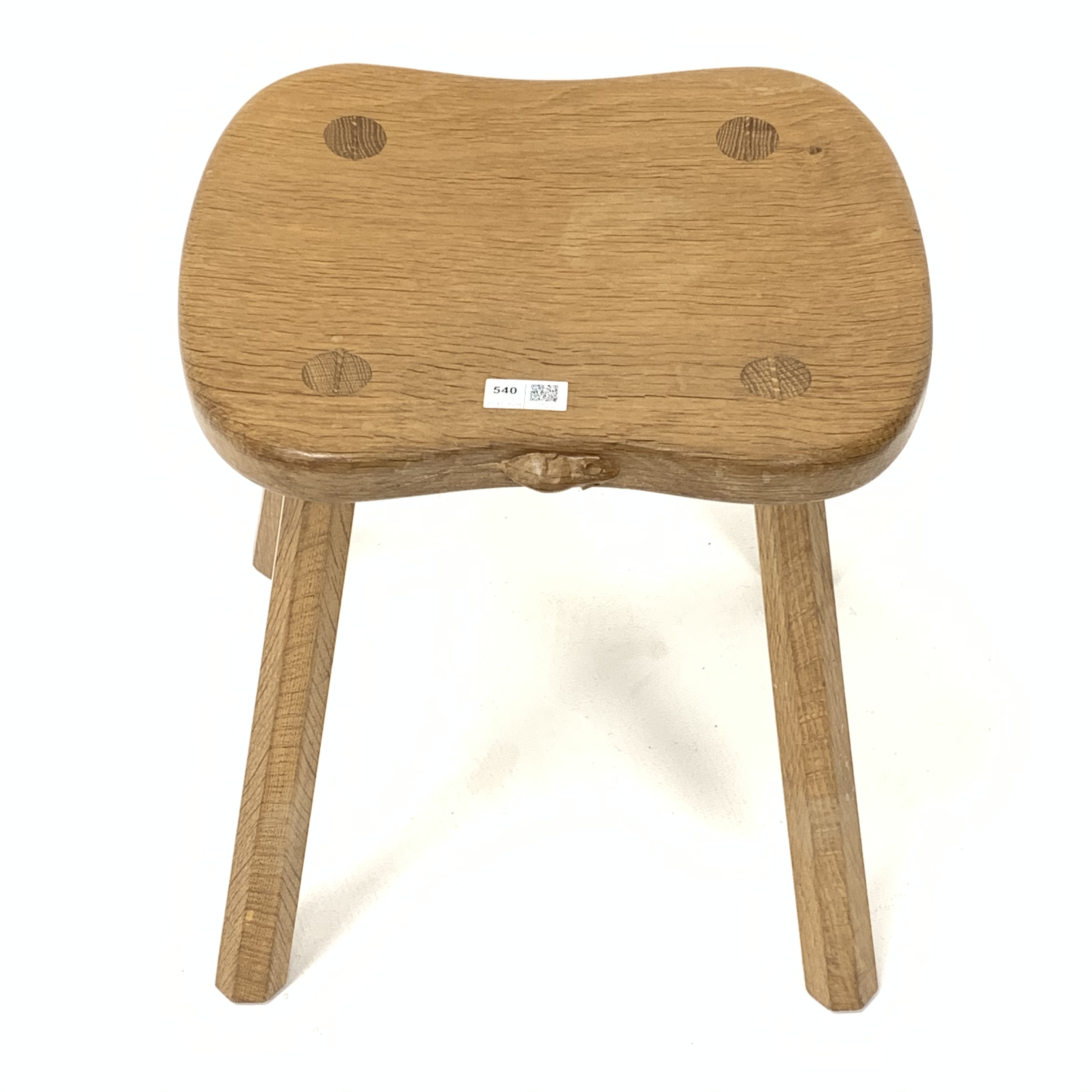 'Mouseman' Yorkshire oak four leg stool, with adzed saddle seat raised on octagonal tapered supports - Image 2 of 4