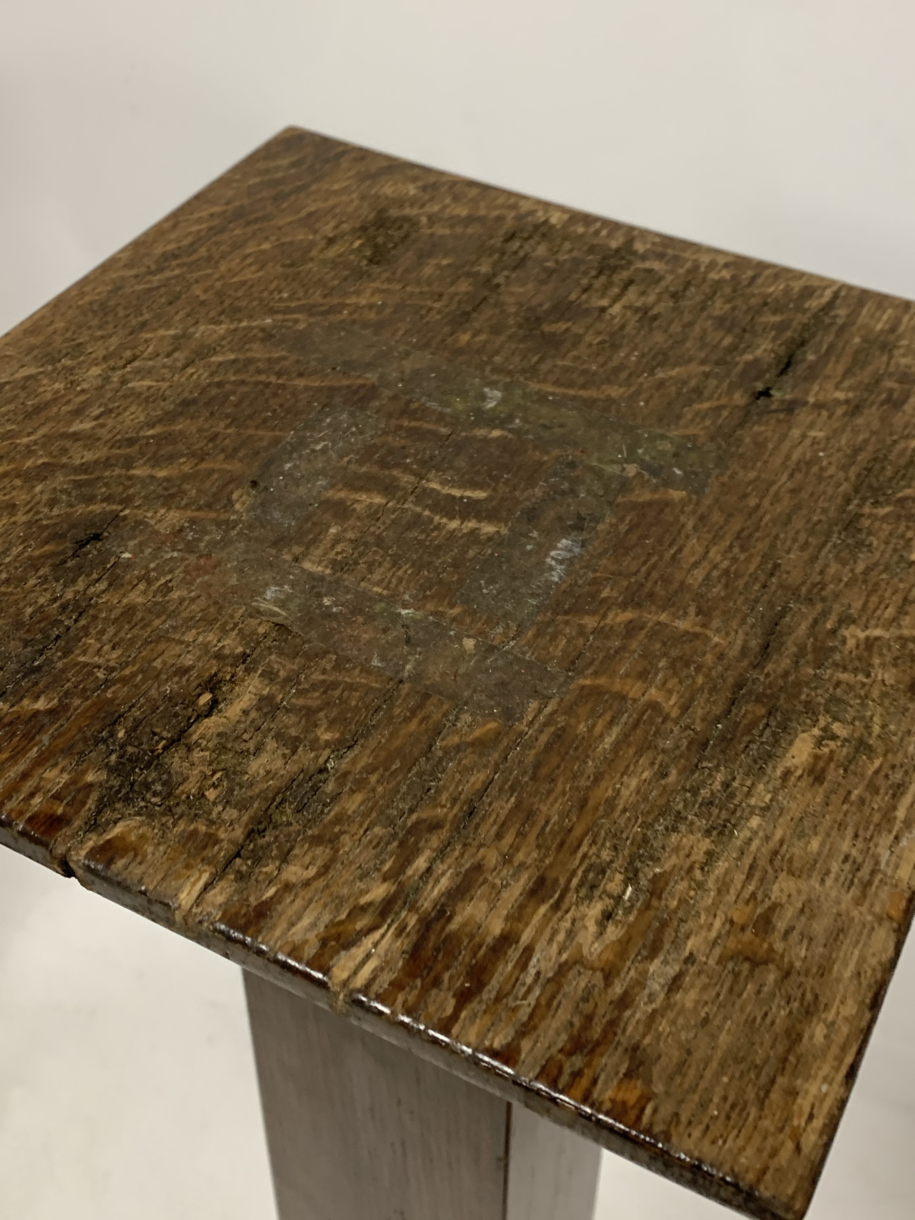 Early 20th century ecclesiastical oak pedestal jardini�re stand, with square moulded top over square - Image 3 of 4