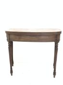 19th century mahogany bow front fold over tea table, the top with reeded edge over plain frieze and