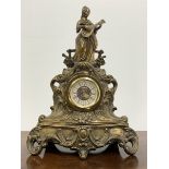 19th century French brass figural mantel clock, with integral key and later movement, W35cm