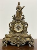 19th century French brass figural mantel clock, with integral key and later movement, W35cm