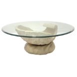 'Hollywood regency' retro oyster shell shape coffee table, circular bevel edged glass top raised on