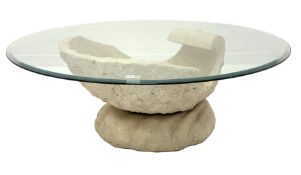 'Hollywood regency' retro oyster shell shape coffee table, circular bevel edged glass top raised on