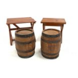 Pair of hardwood and iron bound barrels, (H44cm) and two slatted stained pine stools, (W60cm)